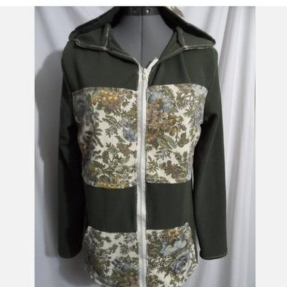 Contrast Hoodie Sweatshirt L Olive green bullet texture & vintage floral Zip-up - Picture 1 of 13